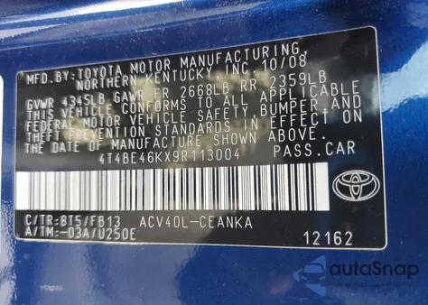 2009 Toyota Camry Base из США, поврежденный, VIN 4T4BE46KX9R113004